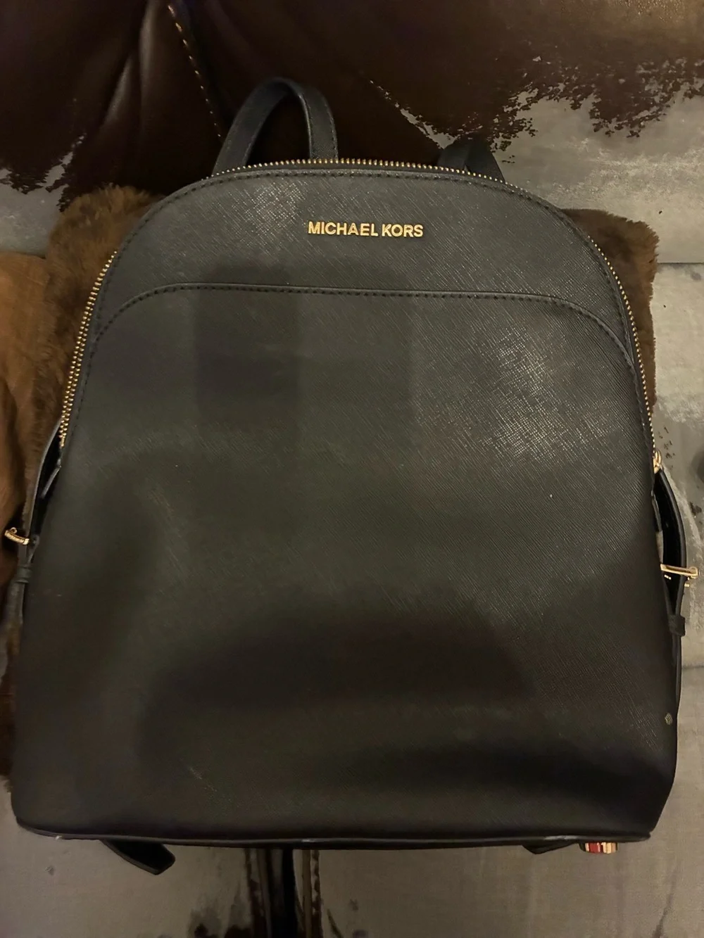 Michael Kors Black Saffiano Leather Dome Backpack with Gold Hardware